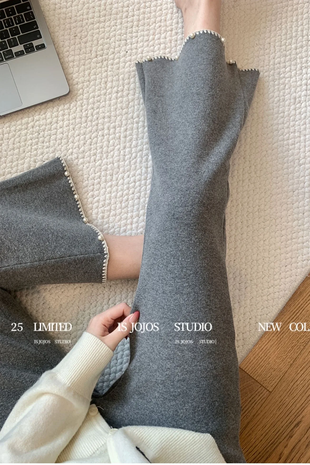 Gray Beaded Knitted Flared Wide-Leg Pants for Women 2026 New Autumn Winter Lazy Style Slimming Versatile Casual Pants