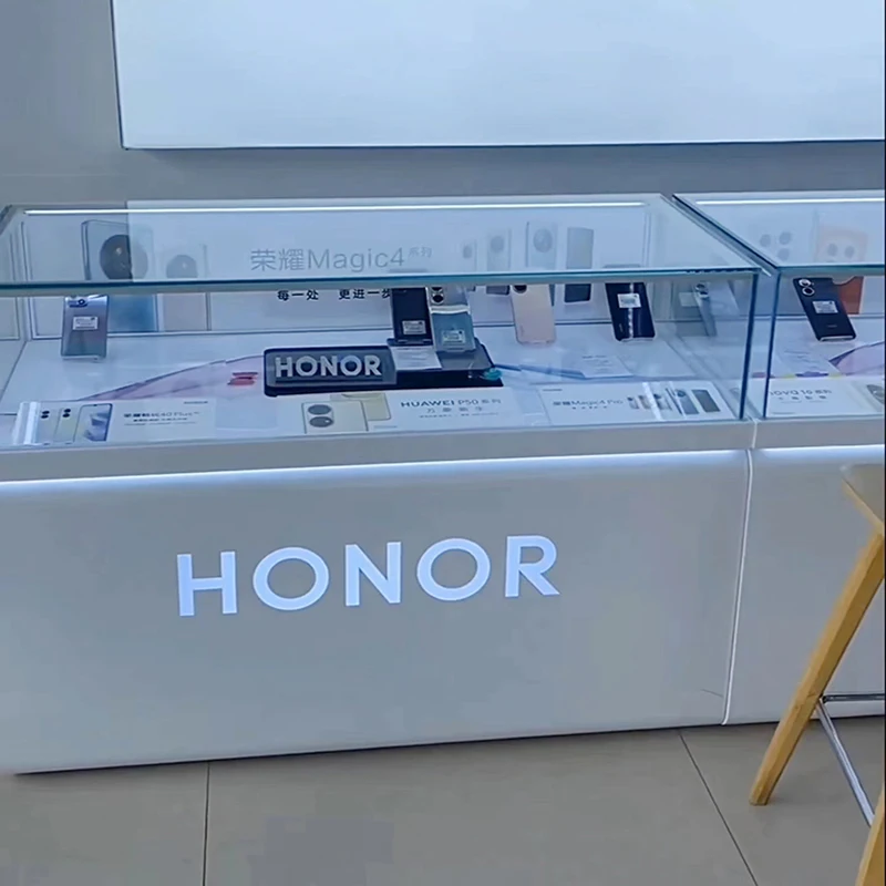 Customized product、Factory supply smartphone mobile phone store glass display showcase led lighting logo metal advertise cabinet