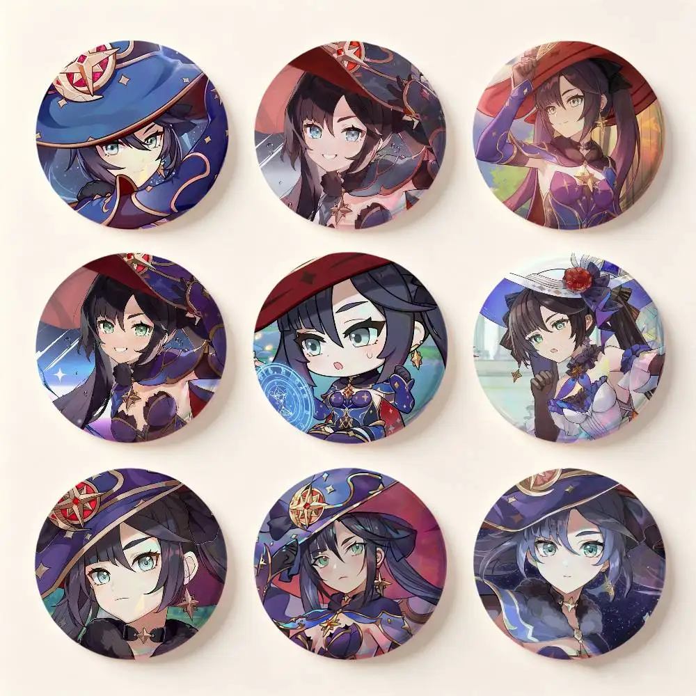 Mona Genshin Impact Badges 25 32 44 58 75 Mm Round Cosplay Pin Bag Decor Fans Collect Friends Gifts Brooch Souvenir