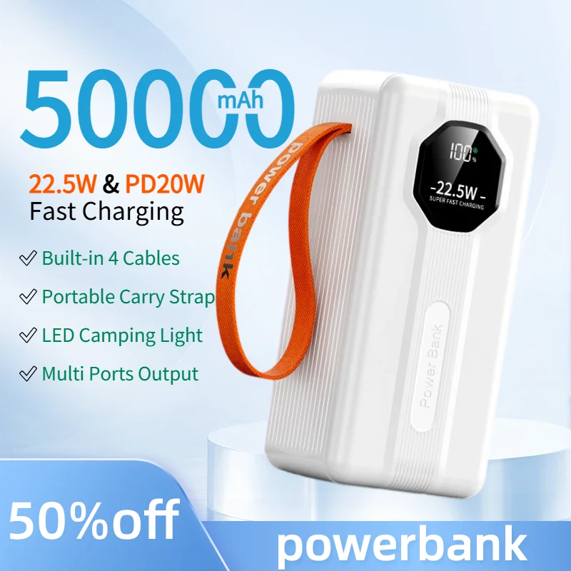 50000mAh Power Bank 22.5W PD20W Fast Charge Built in 4 Cables Portable Charger with LED Light Powerbank for IPhone Samsung