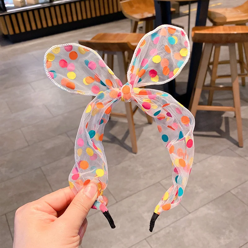 Spring Summer Cool Chiffon Color Big Dot Rabbit Ear Bow Hairband For Girl Cute Kawaii Princess Beach Headband Accessories