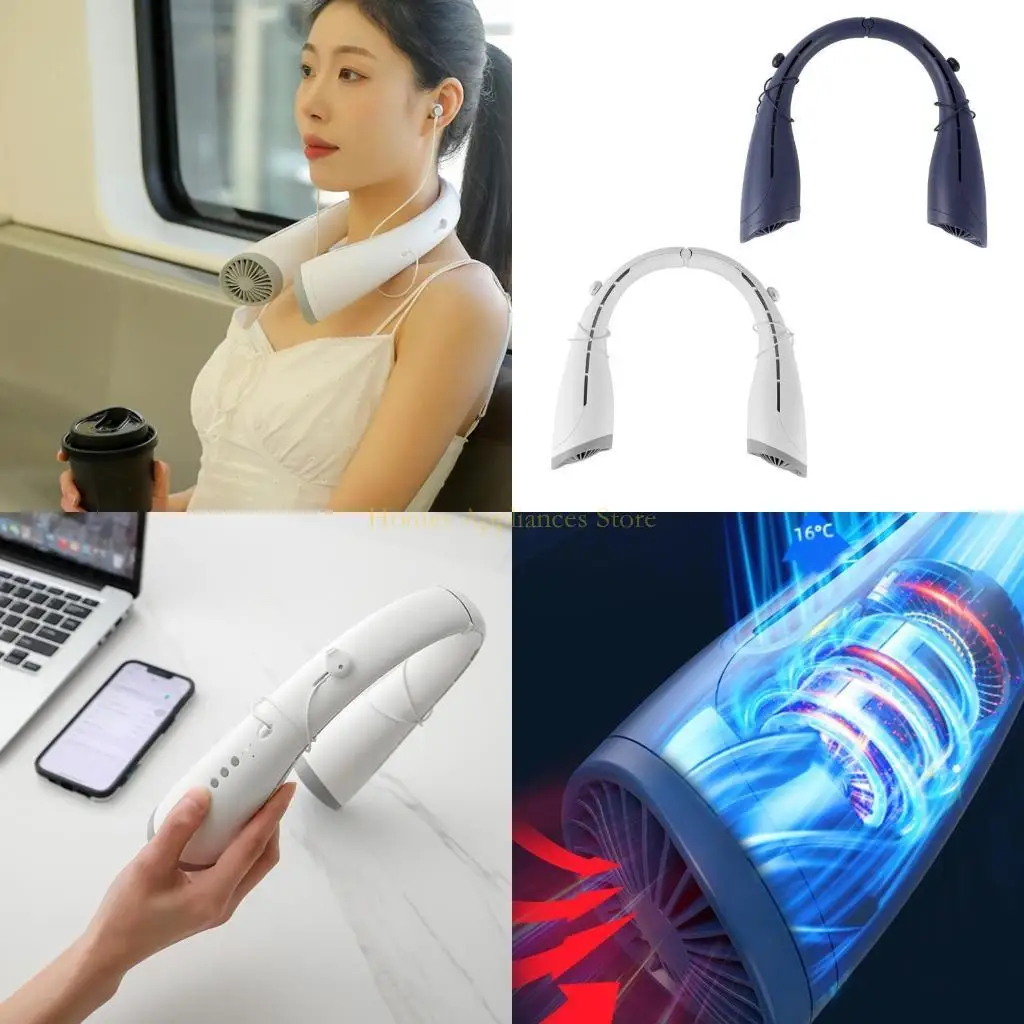 

D0AB Wearable Neck Fan Bladeless Hanging Neck Fan with Headphone Portable Outdoor Hand Cooling Fan Gift for Women Men