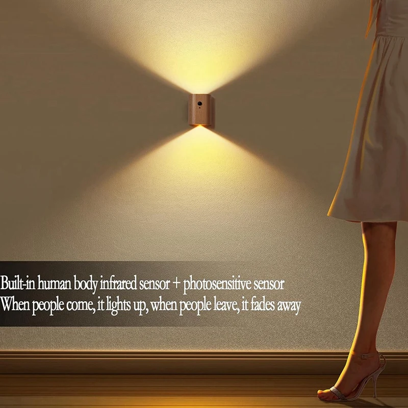 LED Wooden Table Lamp Human Body Sensing Infrared Night Light Motion Sensor Night Lights Rechargeable Sconces Wall Light B