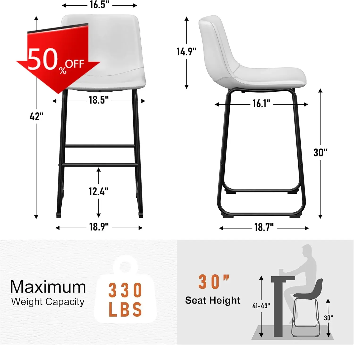 

XMSJ.Bar Stools Set of 2, PU Leather Counter Height Bar Stools, 30" Modern Barstools with Metal Legs and Footrest, Urban Armless
