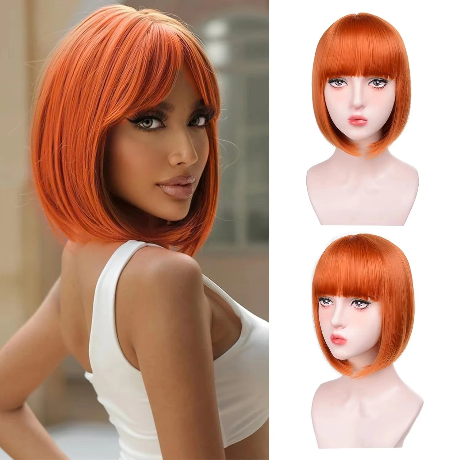 Kurze Bob-Frisur, rote synthetische Perücke für Halloween-Party-Cosplay, täglichen Gebrauch, Hochtemperatur-Haaraccessoire-Perücken-Set – Detail 8