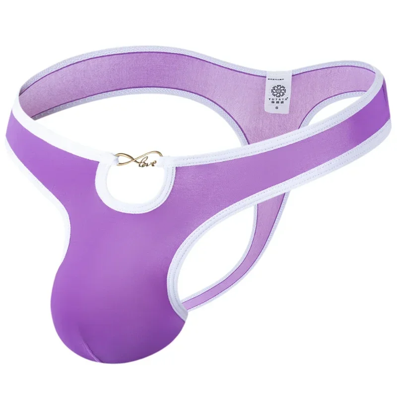 

Мужские трусики с бандажами, нижнее белье из ледяного шелка, металлическое кольцо, полый чехол, трусики, полупрозрачные стринги с Т-образной спинкой, ультратонкие стринги-бикини