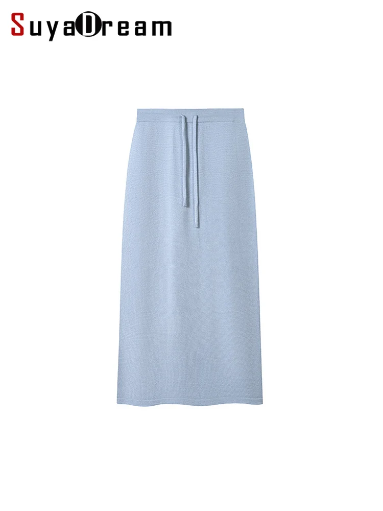 SuyaDream, Women Long Skirt, 46.7%Sheep Wool, Solid Woolen Knitted Skirts, 2024 Autumn Winter Warm Under Dress, Black, Blue