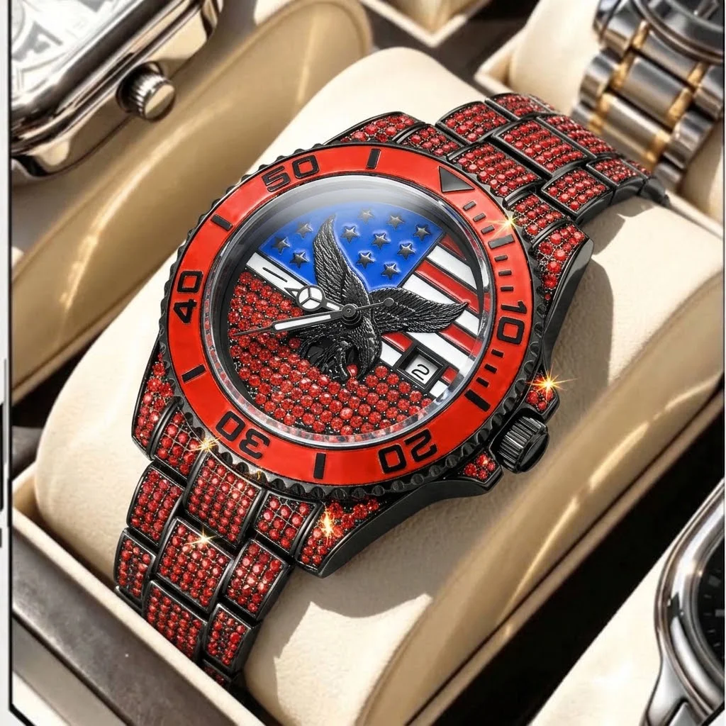 Men's Emblem Totem Calendar Watch Block Dense Cluster Strap Design Street Luxury Style