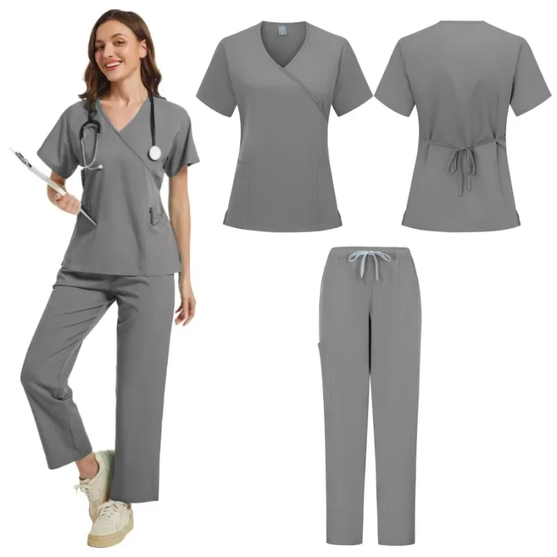 Conjunto de calças e top com gola Y macio elástico feminino, uniforme médico, conjunto de esfrega feminino da moda, clínica de animais do hospital, traje médico, cores contrastantes