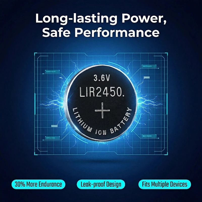 

Кнопочная перезаряжаемая литиевая батарея LIR2450 круглая 3.6В для медицинских устройств, беспроводных переключателей, Bluetooth-устройств и электроники