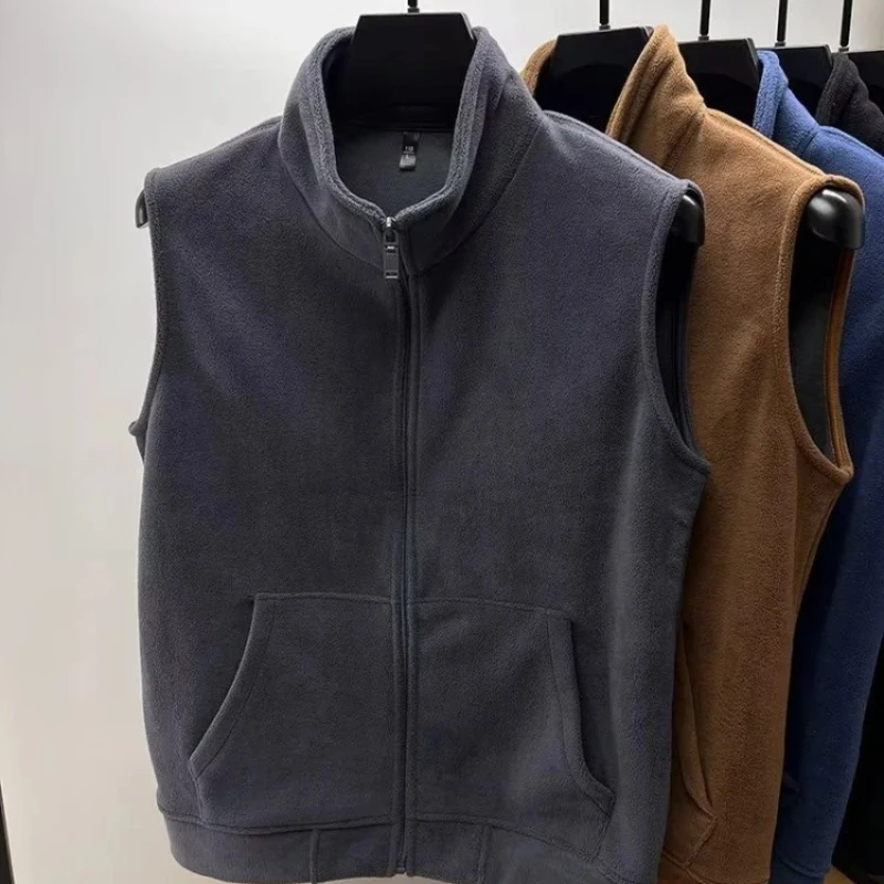 

Loose Faux Fur Vest for Men All Season Zip Up Stand Collar Sleeveless Vest Solid Color Casual Outerwear Thermal Layering Piece