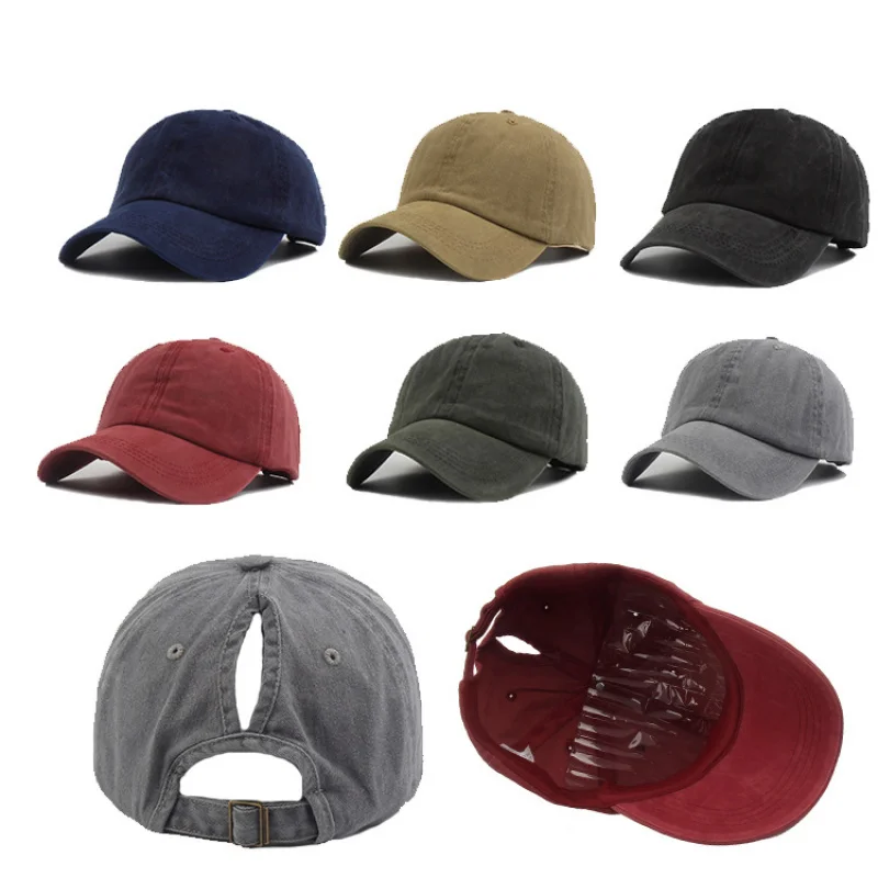 

Washed Distressed Baseball Cap Ponytail Hole Design Solid Color Embroidered Adjustable Sun Protection Breathable Unisex Outdoor