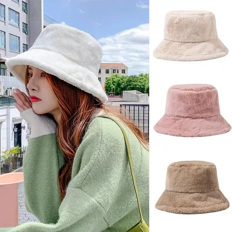 Winter Plush Bucket Hats For Women Outdoor Thick Warm Panama Cap Solid Soft Faux Fur Lady Girls Fisherman Sun Hats