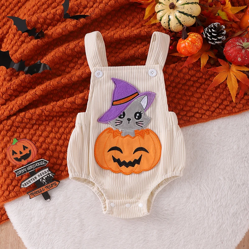 

Suefunskry Baby Halloween Overalls Romper Witch Pumpkin Cat Embroidered Sleeveless Square Neck Corduroy Jumpsuits Fall Bodysuits