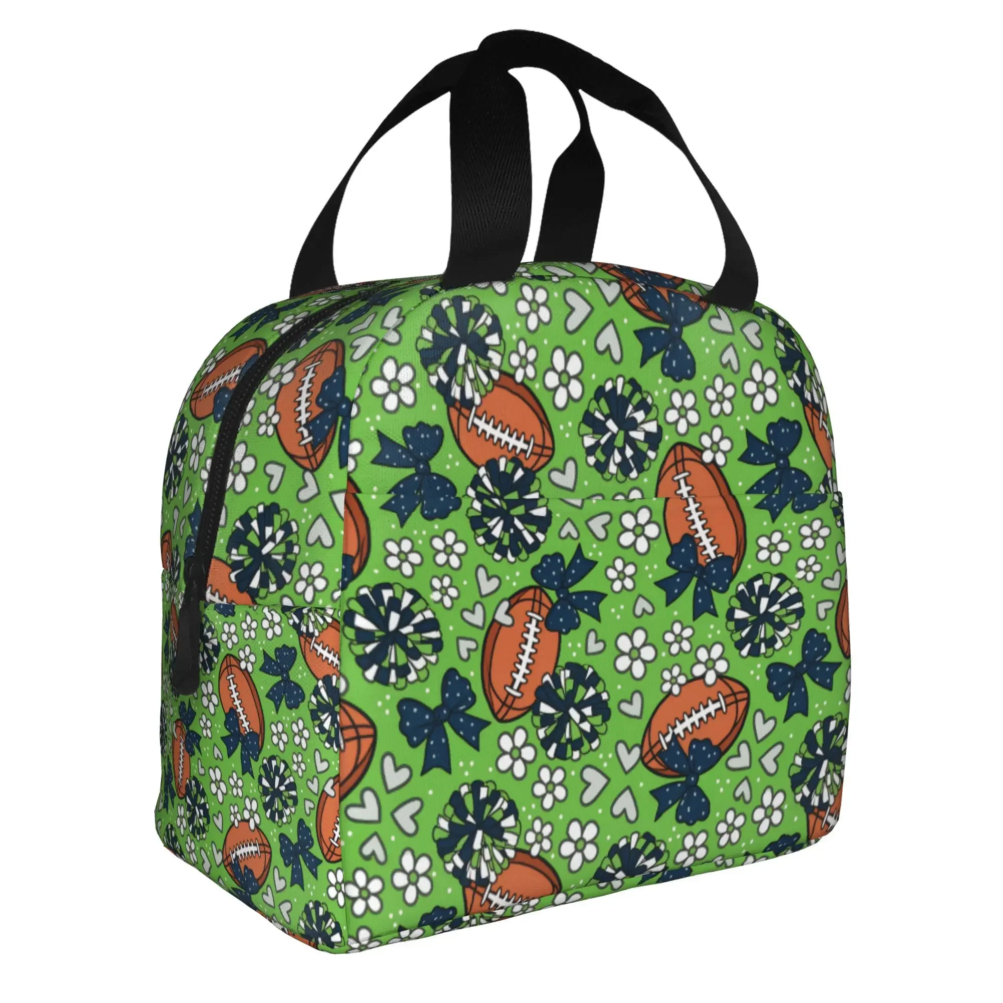 Football Cheer Bows Rugby Union  Lunch Bag Women Lime Green Blue Cooler Thermal Insulated Lunch Box for School