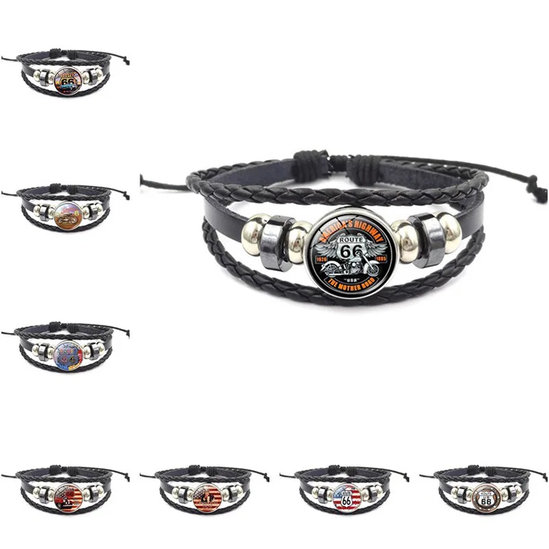 Популярные-ювелирные-изделия-стеклянный-подвесной-кожаный-браслет-us-route-66-кожаный-браслет-винтажный-многослойный-браслет-в-стиле-панк