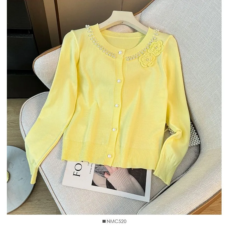 Frauen Pullover 2025, Frühling Herbst Neue Französisch Stil Tops Perle Perlen Langarm 3d Blume Koreanische Mode Strickjacke Kleidung