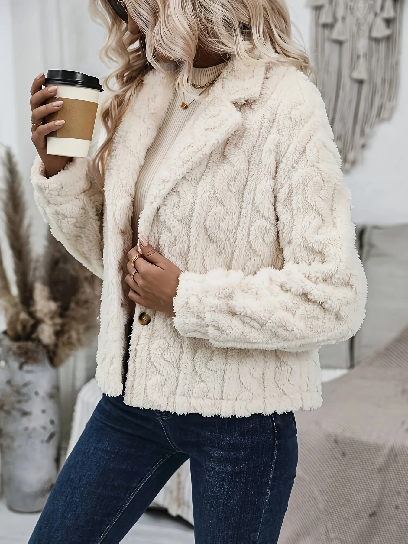 

European and American fashion women's autumn and winter new lapel button jacket plush coat