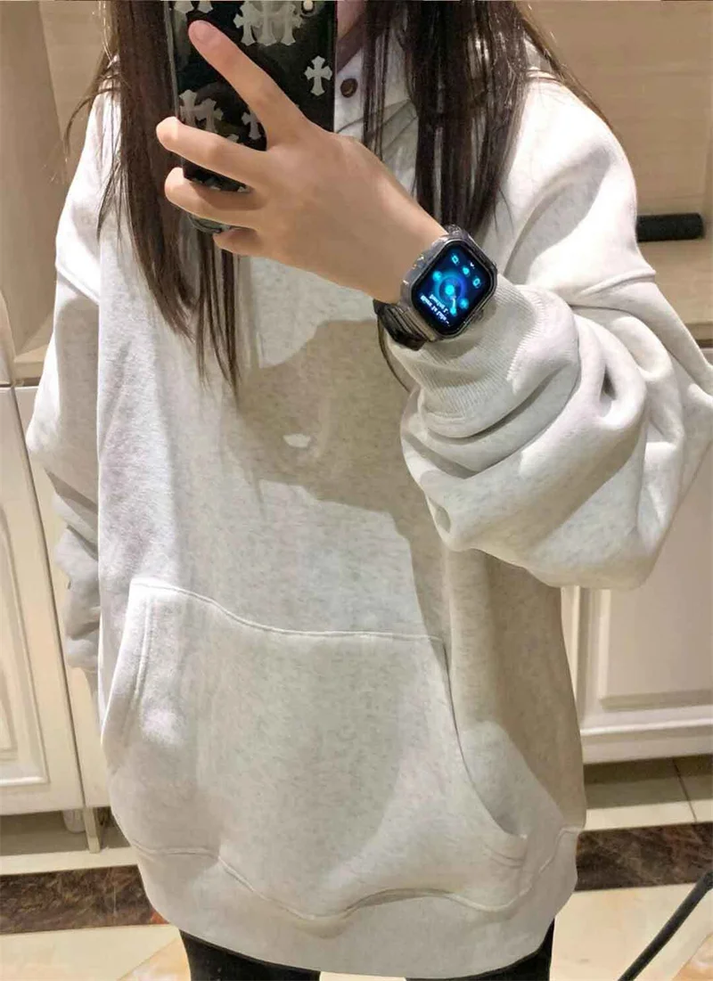 2023 Fashion Lazy Style Popular Hooded Long Sleeve Sweater Female Students Loose Simple Style Retro Pure Cotton Top Ins Fashion