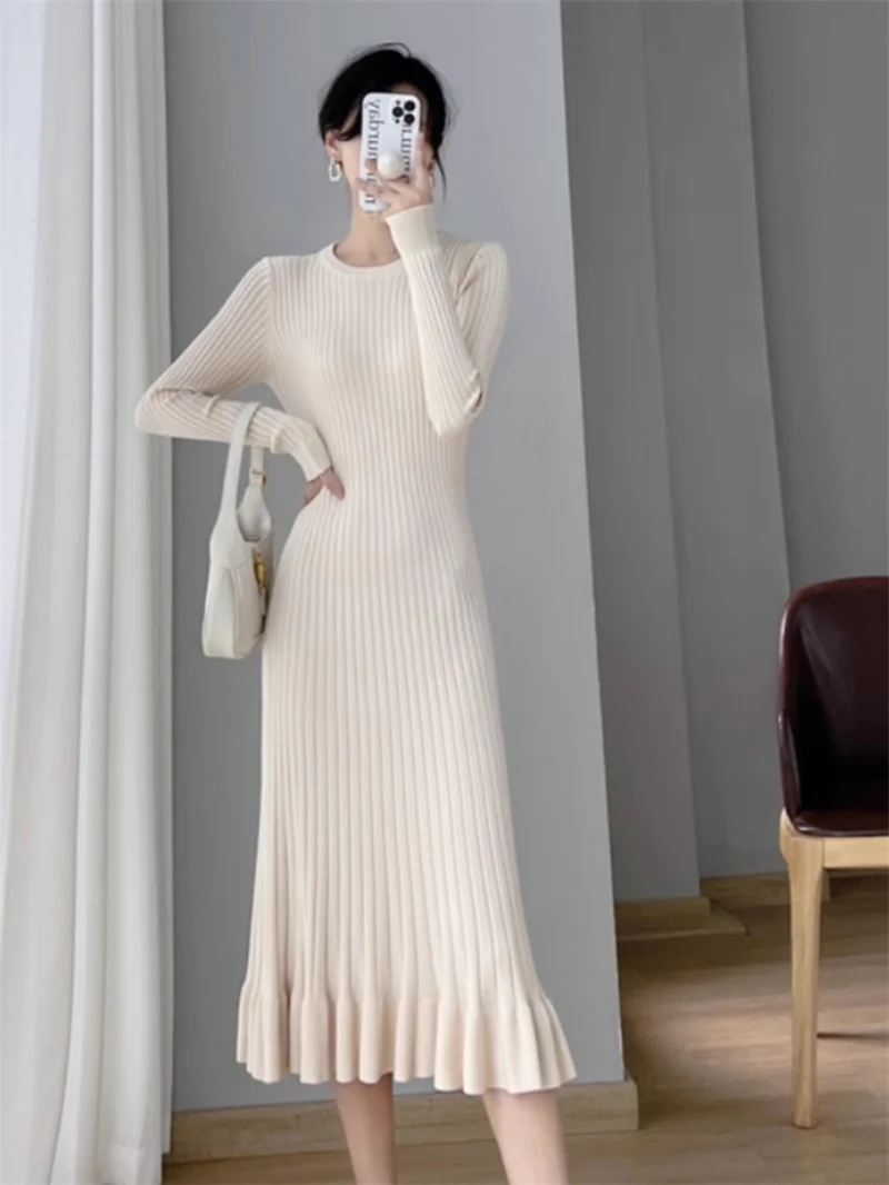 

Knitted Dress Women's Autumn And Winter Slim Fit Long Knee Length Ruffled Fish Tail Dress Korean Fashion Sweater Robe Z3956