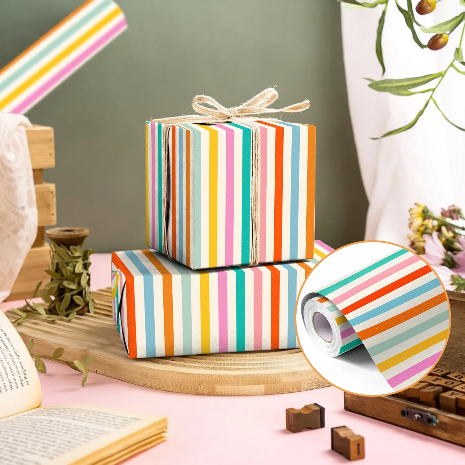 10M/5M Colorful Rainbow Striped Wrapping Paper Roll - Bright Multicolor Gift Wrap for Birthday Baby Shower Holiday All Occasions