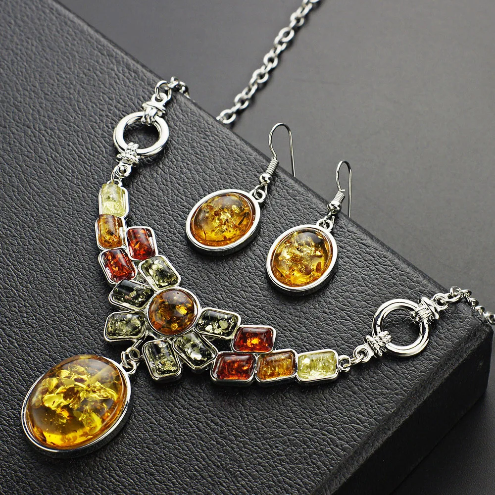 Elegant Chic Colorful Baltic Synthetic Dangle Earring Honey Pendant Necklaces Flower Wedding Jewelry Sets L41501D