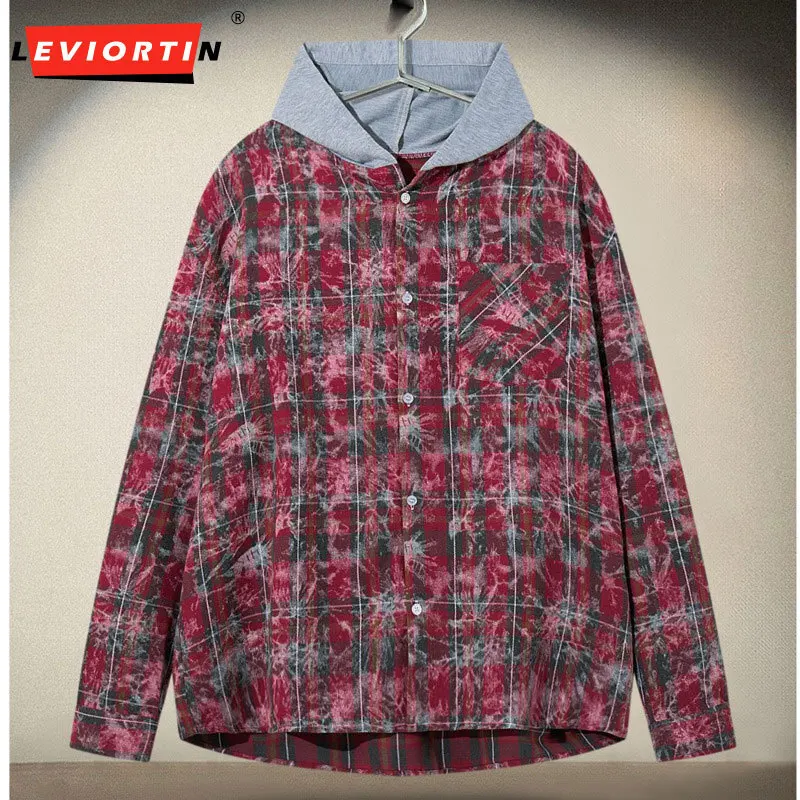 Autumn /winter Men's European and American high-end fashion versatile loose casual simple hooded plaid long sleeved shirt jacket