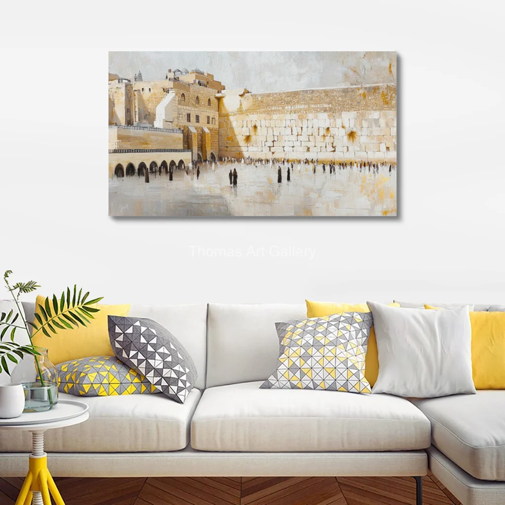 Large Jerusalem Kotel Artwork HD Canvas Art Print Abstract Grey Blue Plaza Spiritual Jewish Decor for Entryway Home Office Wall