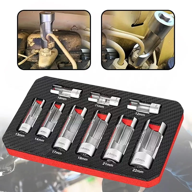 9PCS Cr-V Slotted Socket Wrench Set 10-22mm Fuel Line O2 Sensor Open Side Socket 3/8in 1/2in Drive Automotive Repair Tool Kit