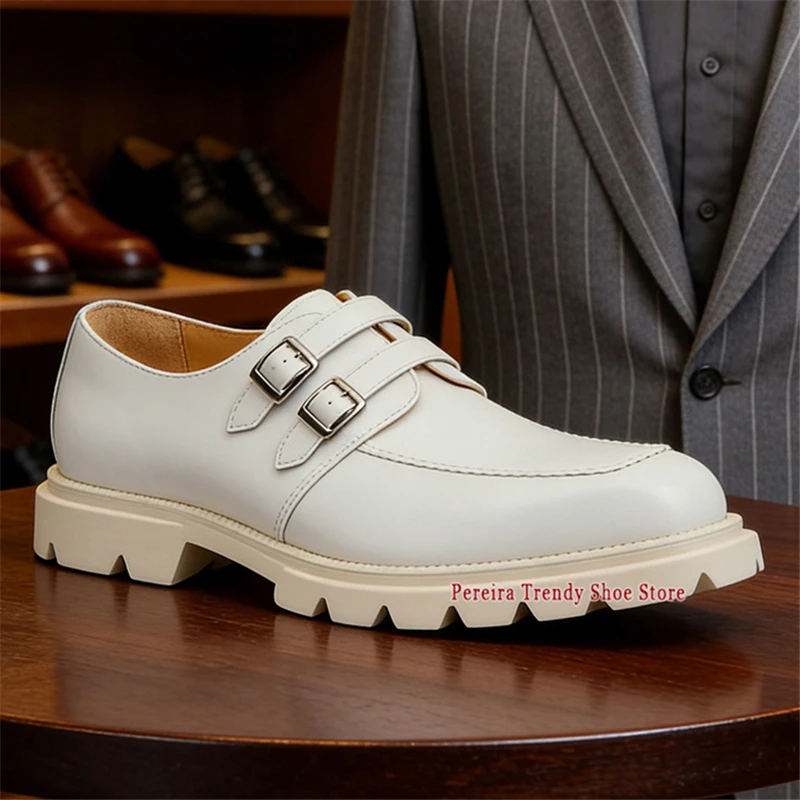 

White Leather Double Buckle Formal Shoes British Style Cowhide Thick Soled Derby Shoes Trendy Men's Banquet Wedding Dress Shoes