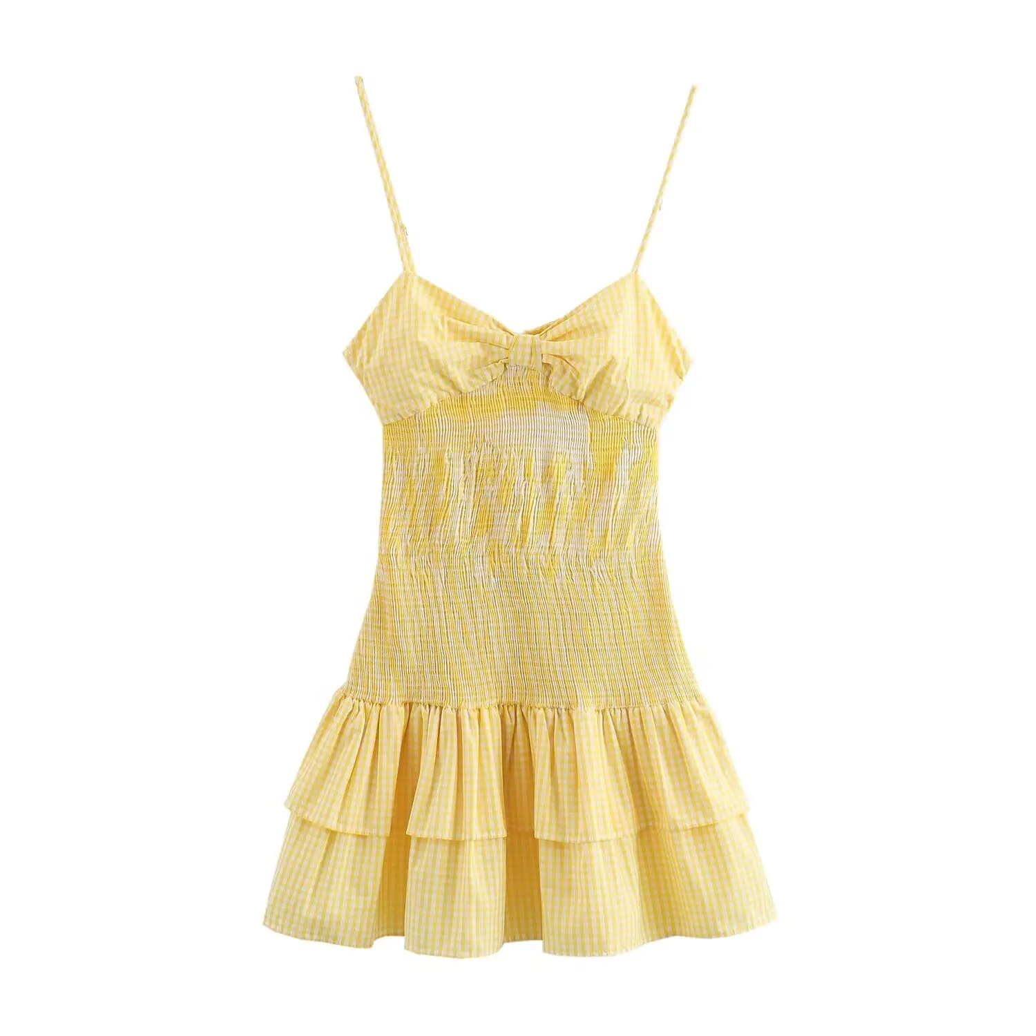 TRAFZA abiti da spiaggia Sexy da donna stile a-line fiocco senza maniche scozzese giallo decorare Mini abito estivo senza schienale donna Trendy