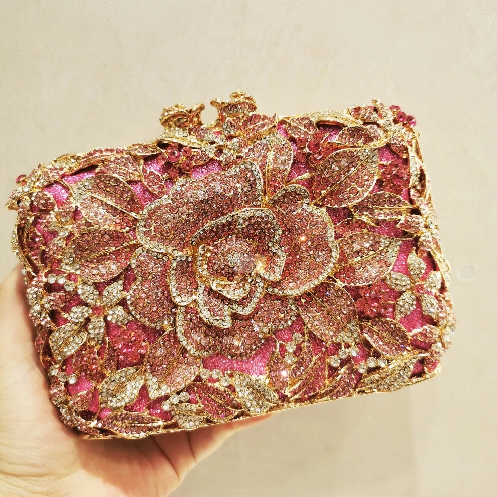 

WHTUOHENG Floral White/Pink Red Diamond Wedding Women Clutch Bags Dinner Banquet Clutches Crystal Chain Evening Purses Handbags