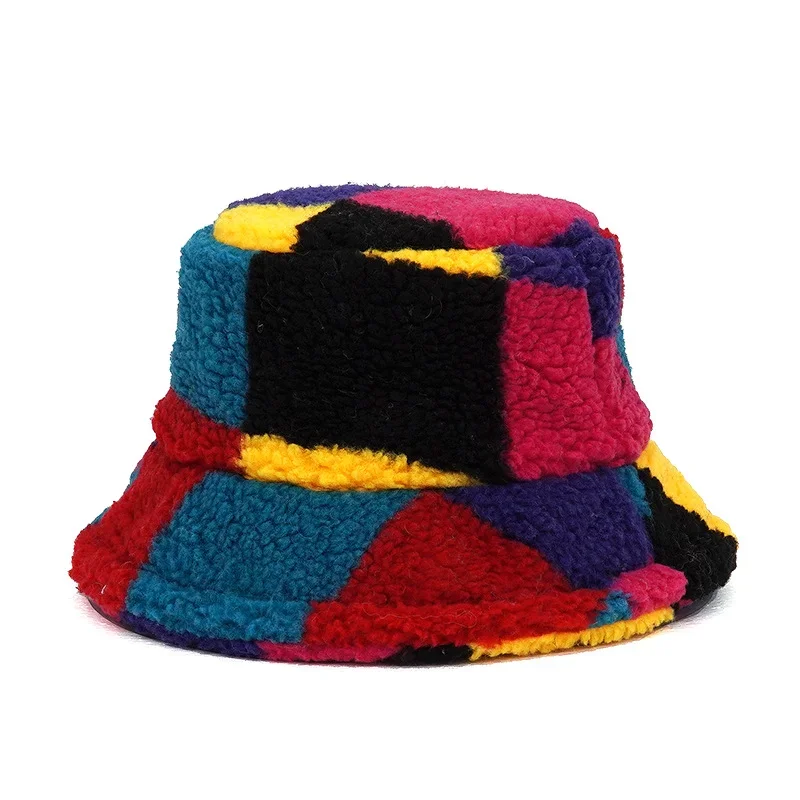 New Winter Bucket-Hats Fluffy Fur Men Women Panama Hat Fashion Warm Fisherman Cap Letter Rainbow Houndstooth Leopard Printed