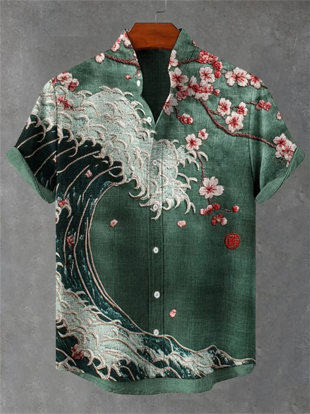 

Summer Men's Short Sleeve Shirt Wave Flower Print Stand Collar Button Detail Linen Fashionable Design Fast Delivery