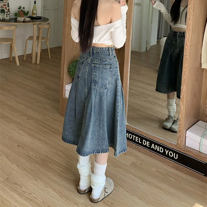 Summer Lady Chic Fashion High Waist Jeans Skirts Women Thin Mid-Long Denim Skirts Girls Retro Fashion Casual Denim Dress