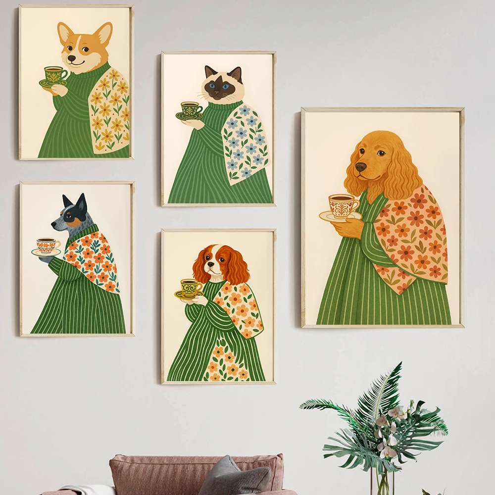Cavalier Dog with Coffee & Flowers Art Print Coffee Floral Green Jacket Dog Wall Canvas Painting Nordic Cat Poster Home Decor