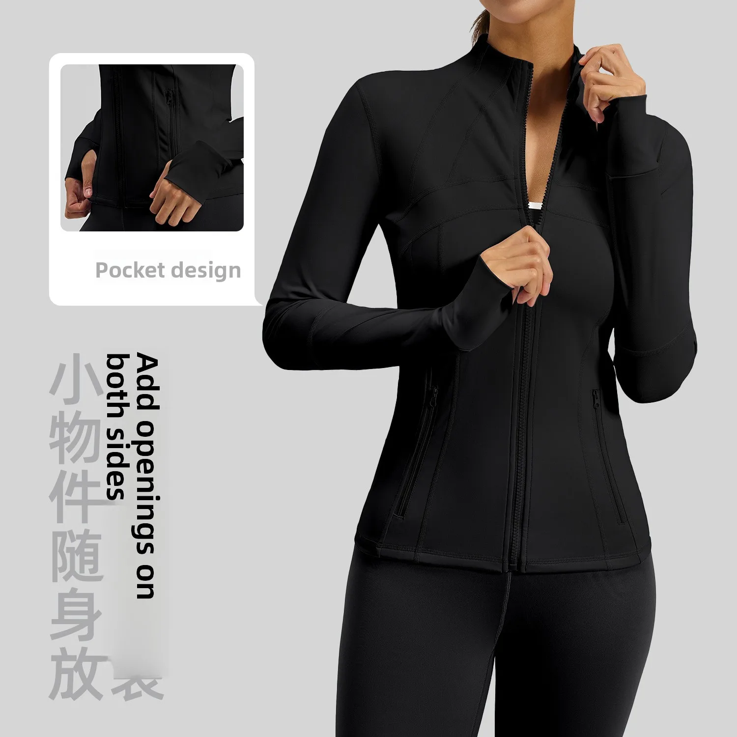 European And American Style Splicing Fitness Jacket Breathable Elastic Pocket Running Cycling Sports Yoga Jacket