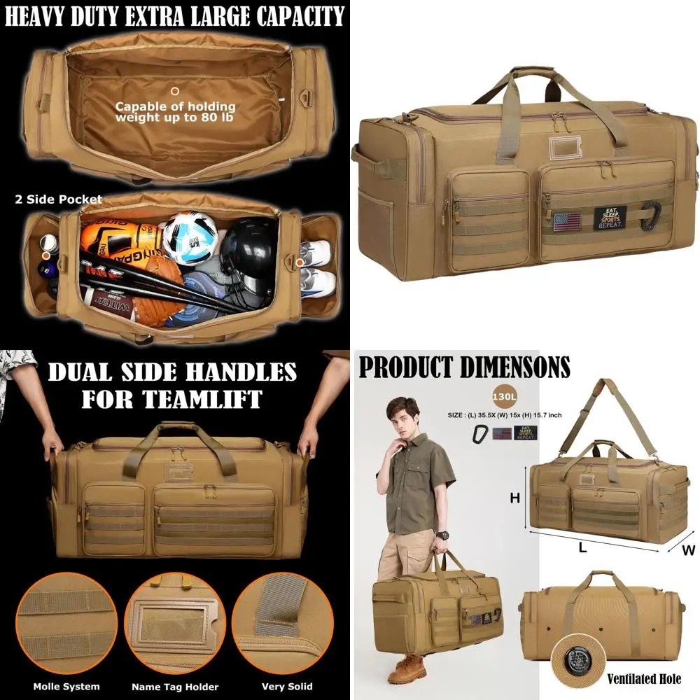 

Large 130L Durable Travel Bag for Men, Ideal for Sports Equipment and Team Training in Brown