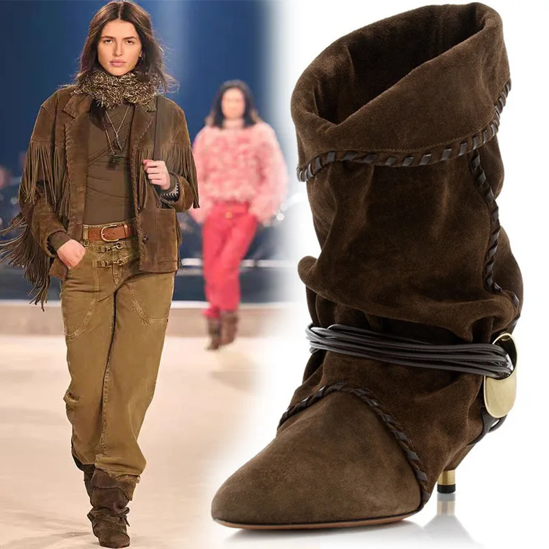 

Новые женские модные замшевые ботинки в стиле вестерн с острым носком на металлическом каблуке «котенок», плиссированные ботинки до середины икры без шнуровки на грубом каблуке, очень большой размер