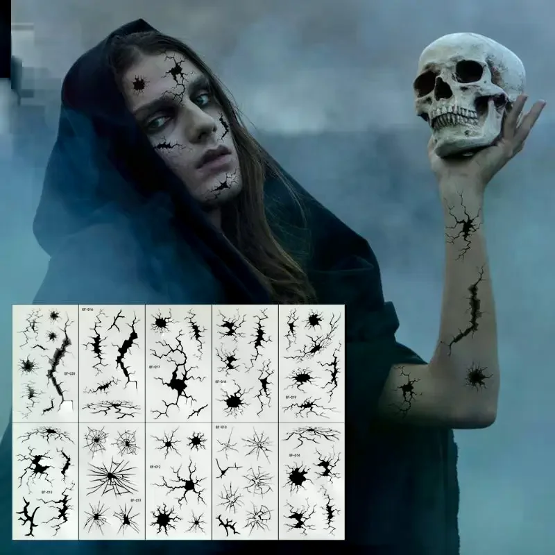 

10-листная наклейка для лица с трещинами на Хэллоуин, паутина, временные татуировки, черный ужас, макияж для тела, забавная водонепроницаемая татуировка, наклейка