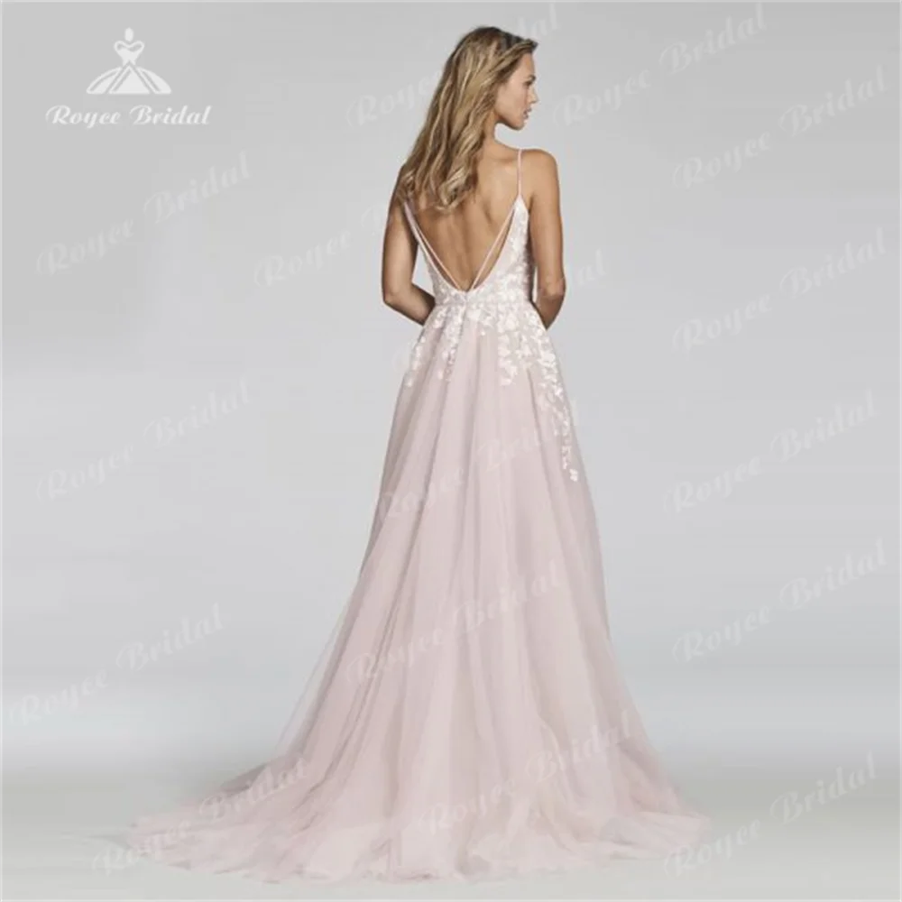 Boho-Robe de Mariage en Fibtulle avec Appliques en Dentelle, Décolmétrage en V Profond, Bretelles Spaghetti, Ligne A, Sexy, Dos aux, Patients Classiques, Quelle que soit