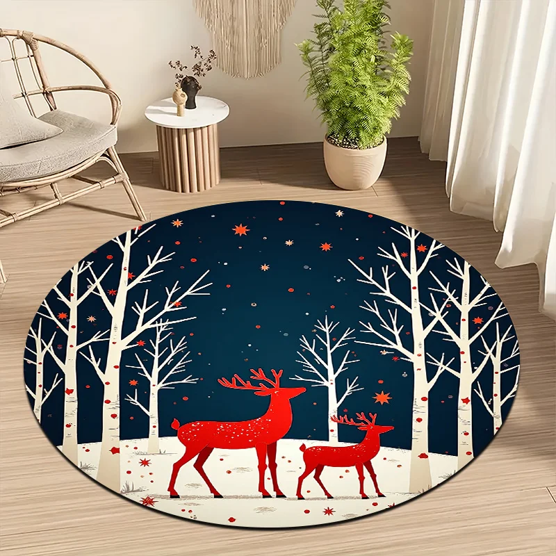 Round Winter Forest Rug – Red & White Deer, Snowy Trees & Night Sky, Non-Slip & Machine Washable