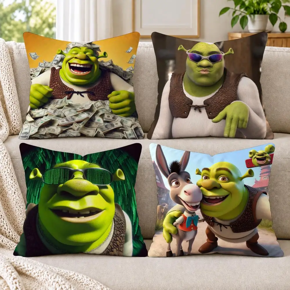Funny Cartoon S-ShrekS Cushion Cover Short Plush Double-Sided Printing Sofa Bedroom Pillow Case Aesthetic Home Decor