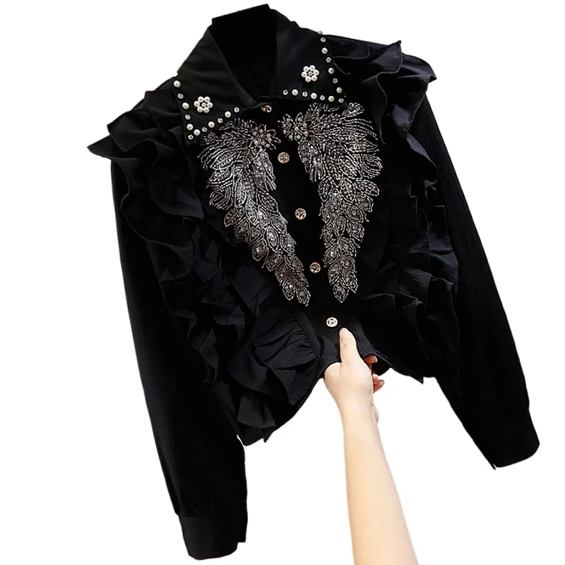 

Heavy Industry Bead Diamond Sequin Design Sweet Folded Fungus Lace Splicing Single-breasted Short Versatile Shirt Temperament