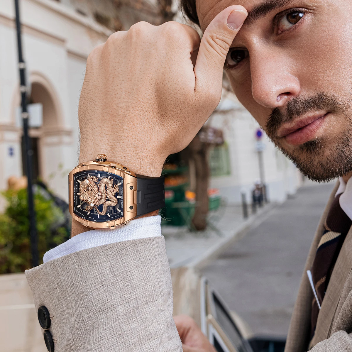 

Часы BONEST GATTI для мужчин, модные мужские автоматические часы, силиконовый ремешок, часы с изображением дракона, светящиеся наручные часы, классическая модель часов