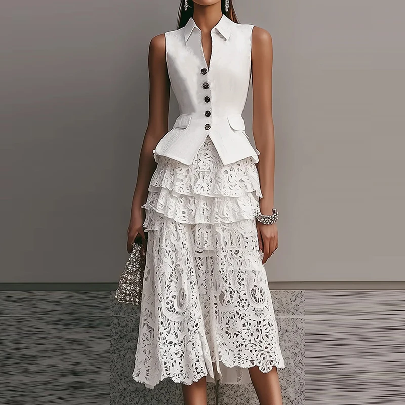 Lapel Single Breasted Solid Jacket&Lace Skirts Sets Fashion Hollow Out Women's Commute Outfits Summer New Slim Casual Two Piece
