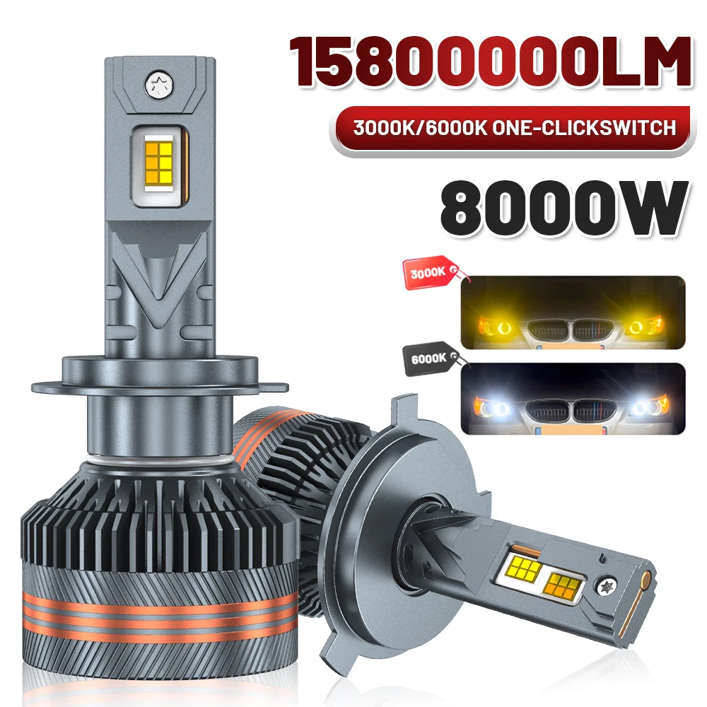 

15800000LM H7 LED Bulbs 9005 HB3 9006 HB4 9012 H11 H4 LED Headlight 6000K 3000K Two Color Temperature Switching Front Lights 12V