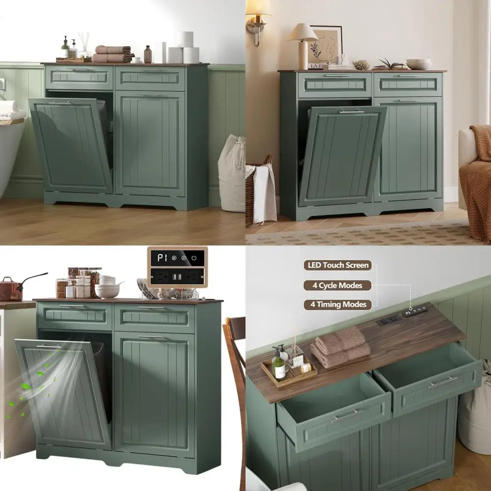 

Двойной шкаф для мусорных баков с контролем запаха и зарядным портом, 2 скрытых контейнера для белья объемом 10 галлонов с отсеком для хранения, подходит для Ki