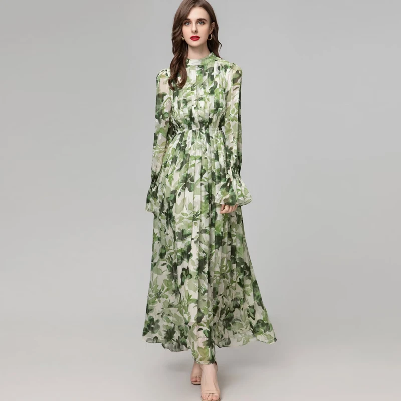 

Women's Dresses Stand Collar Long Sleeves Floral Printed Elegant Designer Maxi Party Prom Vestidos