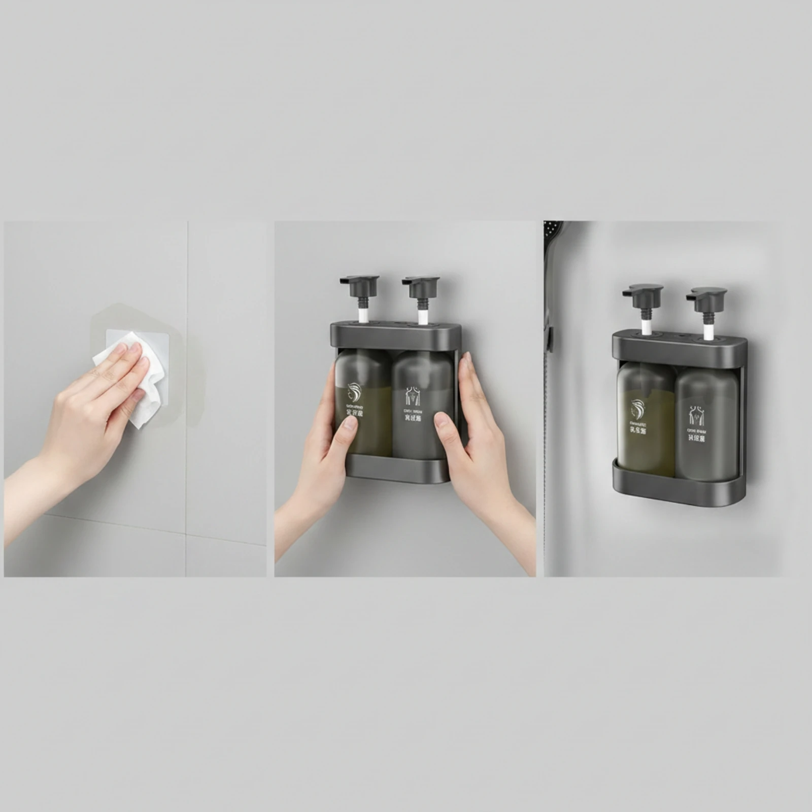Shampoo and Body Wash Dispenser No Drill Shower Dispenser with Two Bottles Double Lockable for Hotels, Bathroom, Guesthouse